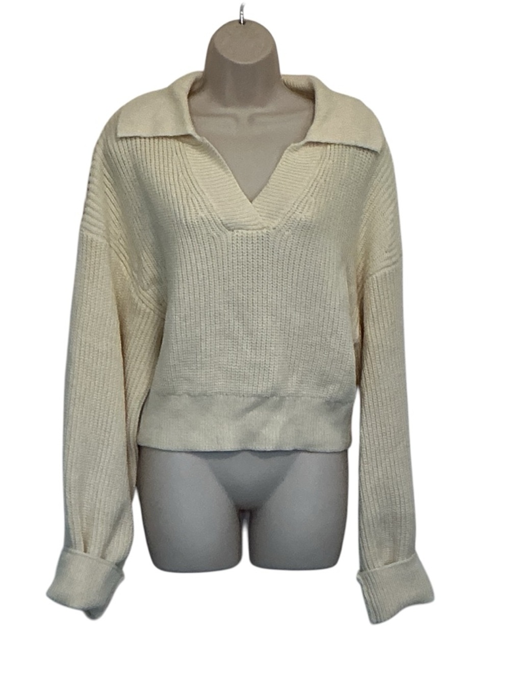 NWT Miss Love Tight Knit Crop Ivory Long Sleeve Johnny Collar Sweater Size Large